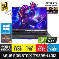 [백팩증정] ASUS ROG STRIX G17 G713RS-LL012 최신 AMD 5세대 라이젠 9-6900HX RTX3080 17인치 게이밍 배그 고성능 노트북, G713RS, WIN11 Pro, 32GB, 1TB, 라이젠9, 이클립스 그레이