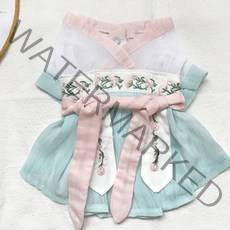 모모도퀸 단아한 꽃자수 반려동물 여름 한복 원피스, 블루