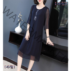 여성 봄 여름 라운드넥 7부소매 시스루 쉬폰 원피스