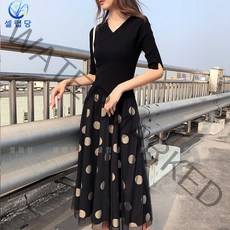 셀럽당 봄가을 반팔 원피스 여 도트 망사 슬림해 보이는 아이스 니트 스커트