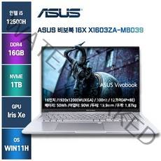 가성비노트북 고사양노트북 ASUS비보북 X1603ZA-MB039, 실버, ASUS X1603ZA-MB039, 코어i5, 1TB, 16GB, WIN11 Home