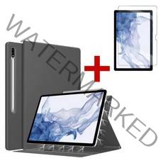 갤럭시탭 S8 플러스 울트라 S7 FE 플러스 S펜수납 폴리오 마그네틱 북커버 케이스+강화유리 액정보호필름 아이친구, 스틸그레이