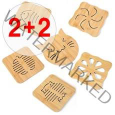 [2+2] (원목 냄비받침 2P+2P=4P) 나무 냄비 받침대 4개 묶음 우드 냄비냄침 트레이 컵 받침, 부엉이[2P], 꽃[2P]