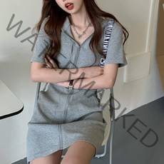 데일로엔 여성 포켓 집업 반팔 후드 원피스