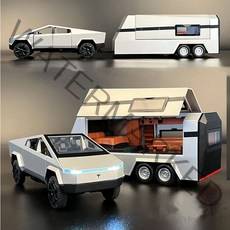 테슬라 사이버트럭+트레일러 다이캐스트 픽업트럭 캠핑카 카라반 1:32 실사 모델 장식품 [이지트렌드], 실버